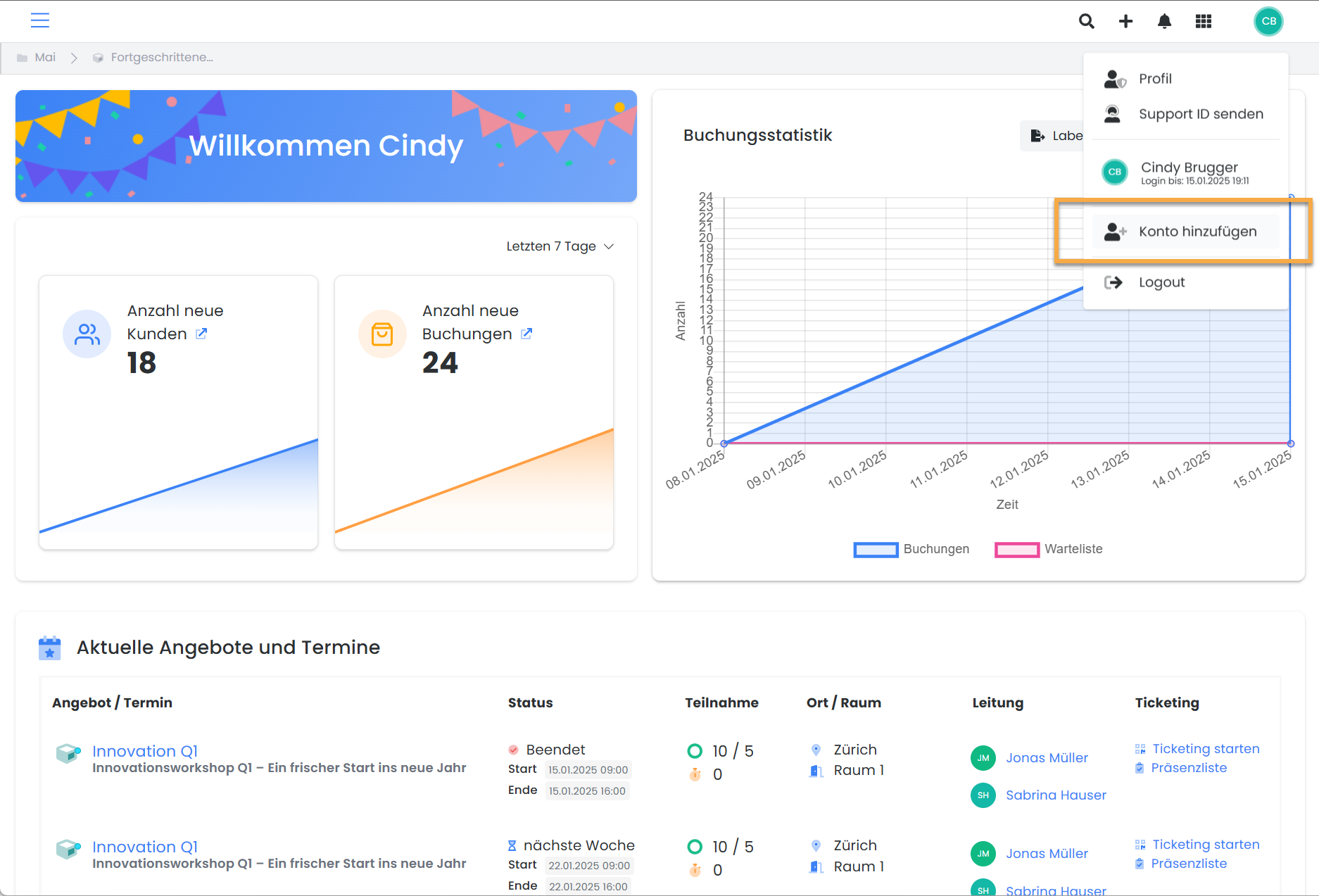 Dashboard im edoobox System mit Statistiken zu neuen Kunden und Buchungen, Buchungsstatistik und aktuellem Kursangebot, hervorgehoben ist die Option Konto hinzufügen im Benutzer-Menü