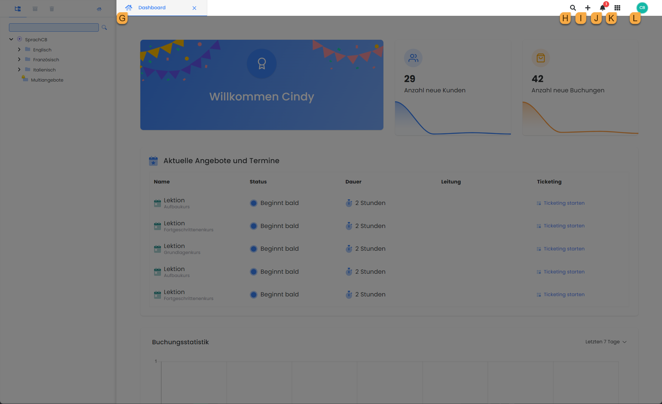 Vue détaillée de l'interface utilisateur d'edoobox, le système de réservation en ligne. Différentes fonctions de la navigation principale sont mises en évidence. Elles servent entre autres à la navigation, à la recherche, à l'aperçu et à la création de nouvelles ressources.