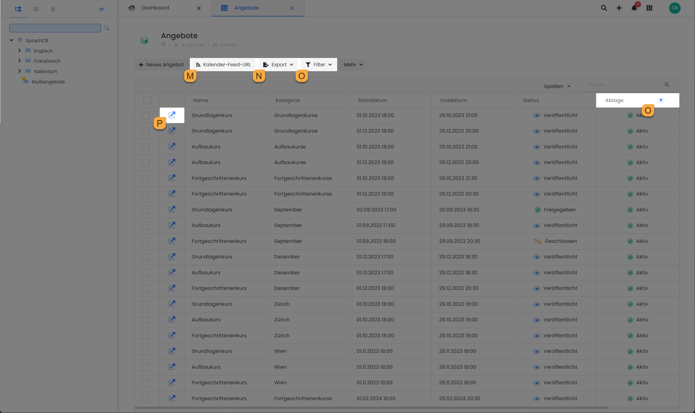 Vue détaillée de l'interface utilisateur d'edoobox, le système de réservation en ligne. Dans le tableau des offres, différentes icônes sont mises en évidence et servent à la gestion du tableau et de ses fonctions.