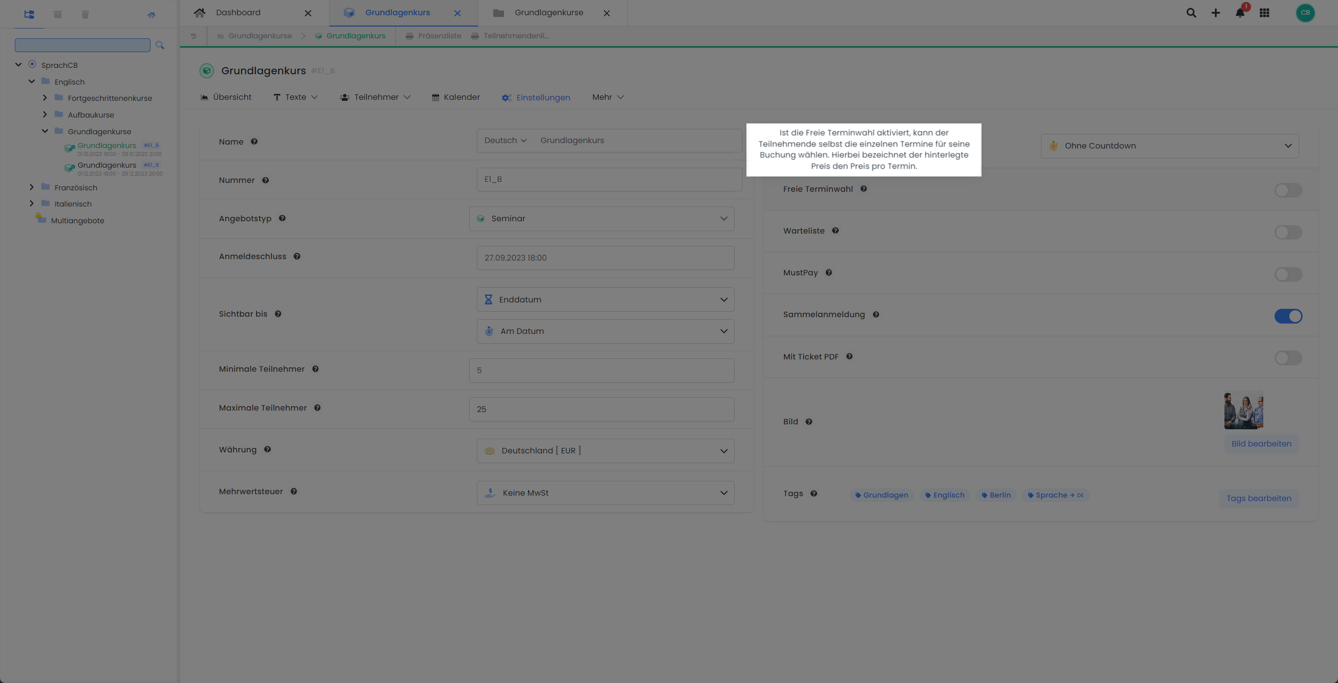 Sur l'image, on peut voir la zone des paramètres de l'offre dans edoobox. Une note cachée concernant une fonction spéciale est mise en évidence et fournit une explication sur la signification et l'utilisation de cette fonction.