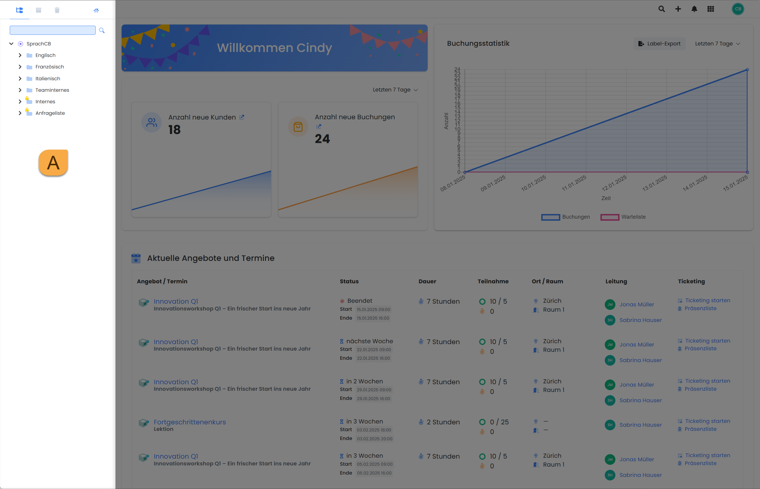 Vue détaillée de l'interface utilisateur d'edoobox, le système de réservation en ligne. La navigation par page est mise en évidence, ce qui aide les administrateurs à naviguer entre les différentes offres.