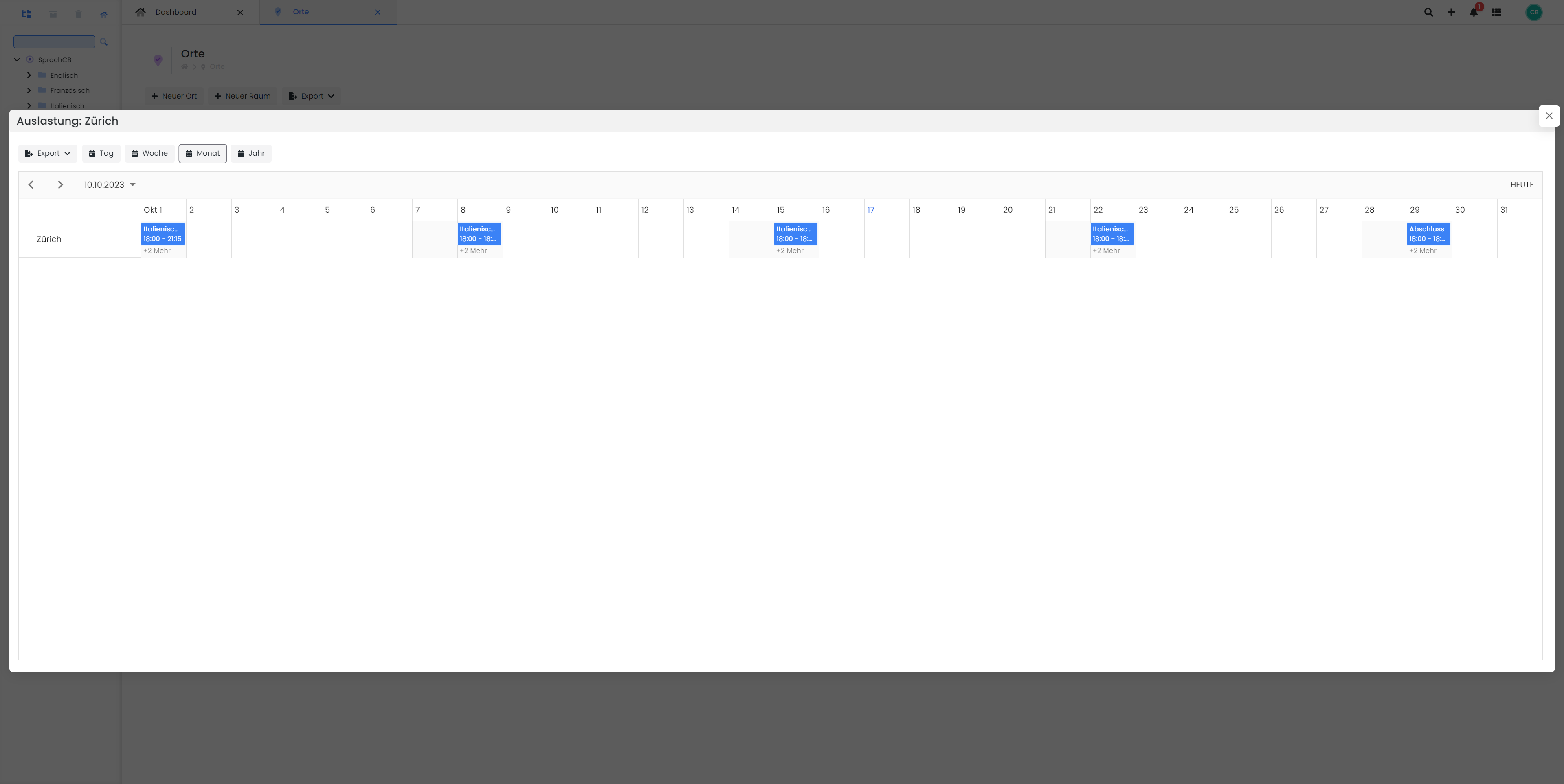 Interface utilisateur d'edoobox, le système de réservation en ligne. L'extrait montre le taux d'occupation pour le lieu de Zurich dans un format de calendrier mensuel. Différentes dates et périodes sont indiquées pour certains jours du mois. En bas du calendrier se trouve une navigation pour différentes vues et pour naviguer entre les mois.