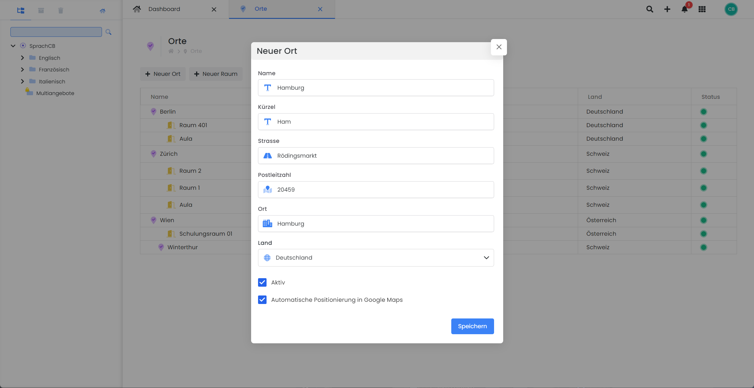 Interface utilisateur d'edoobox, le système de réservation en ligne. L'extrait montre la gestion des lieux et des salles. Une fenêtre pop-up est ouverte, dans laquelle un nouveau lieu est ajouté, avec des détails tels que la rue et le code postal. En arrière-plan, les lieux déjà existants comme Berlin, Zurich et Vienne ainsi que les salles correspondantes sont listés.