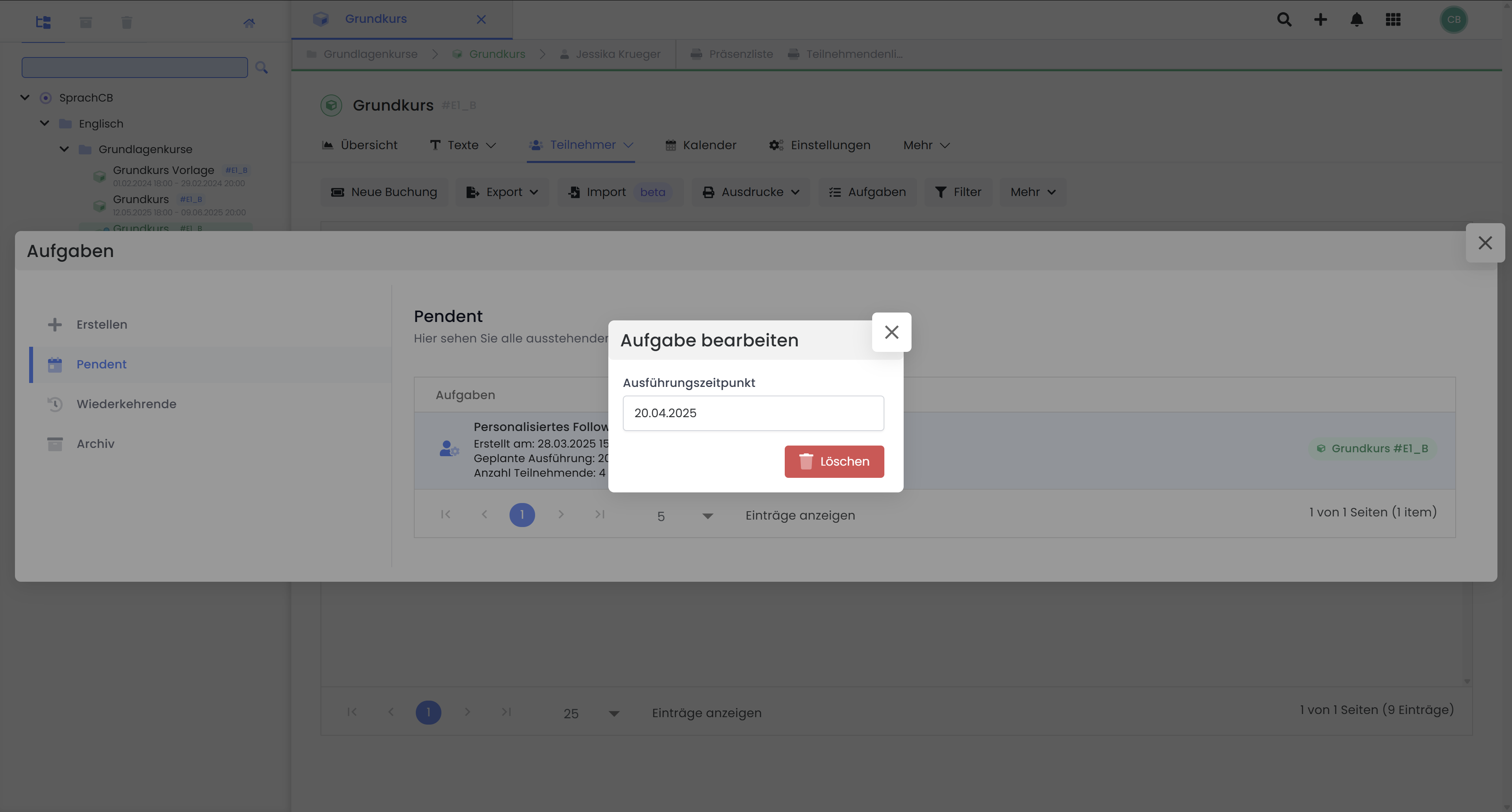 Aperçu des tâches dans le système edoobox avec dialogue ouvert pour traiter une tâche en attente, y compris le moment d'exécution et l'option de suppression