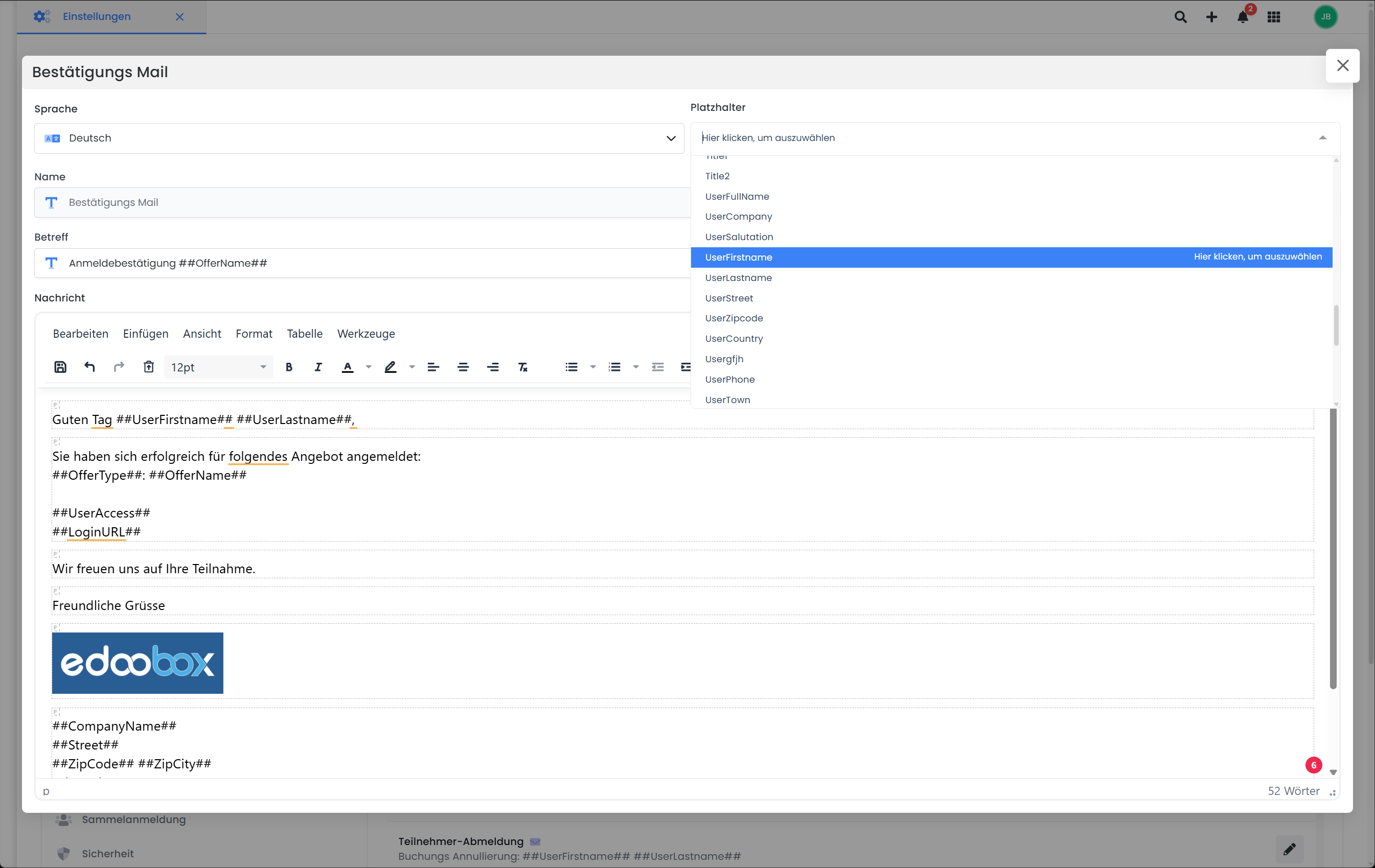 Système de réservation edoobox avec un modèle d'e-mail ouvert et une liste déroulante ouverte pour la sélection des caractères de remplacement