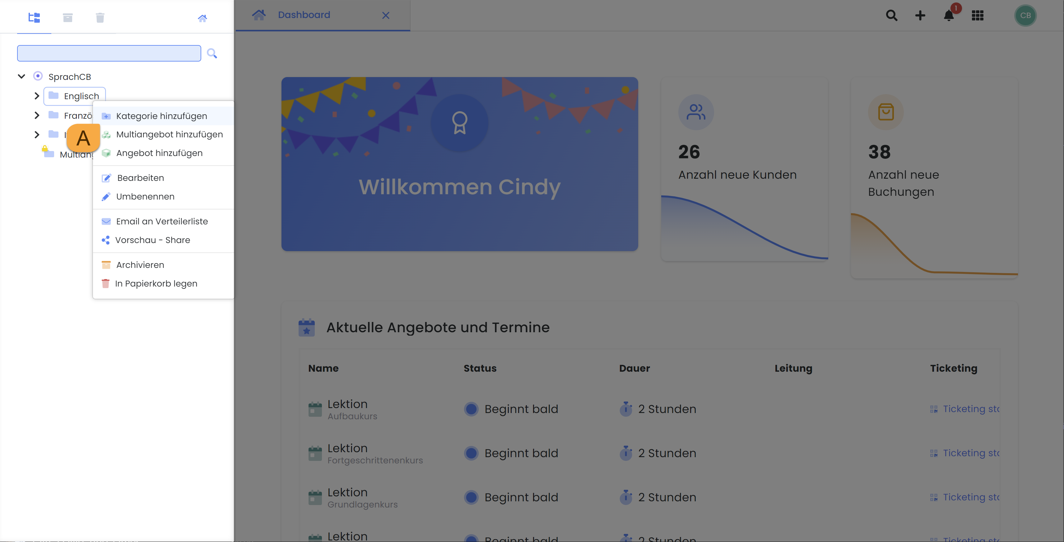 Interface utilisateur d'edoobox, le système de réservation en ligne. La navigation latérale avec l'arborescence des offres est mise en évidence et le menu contextuel a été ouvert par un clic droit sur un exemple de catégorie afin de montrer comment créer une nouvelle catégorie.