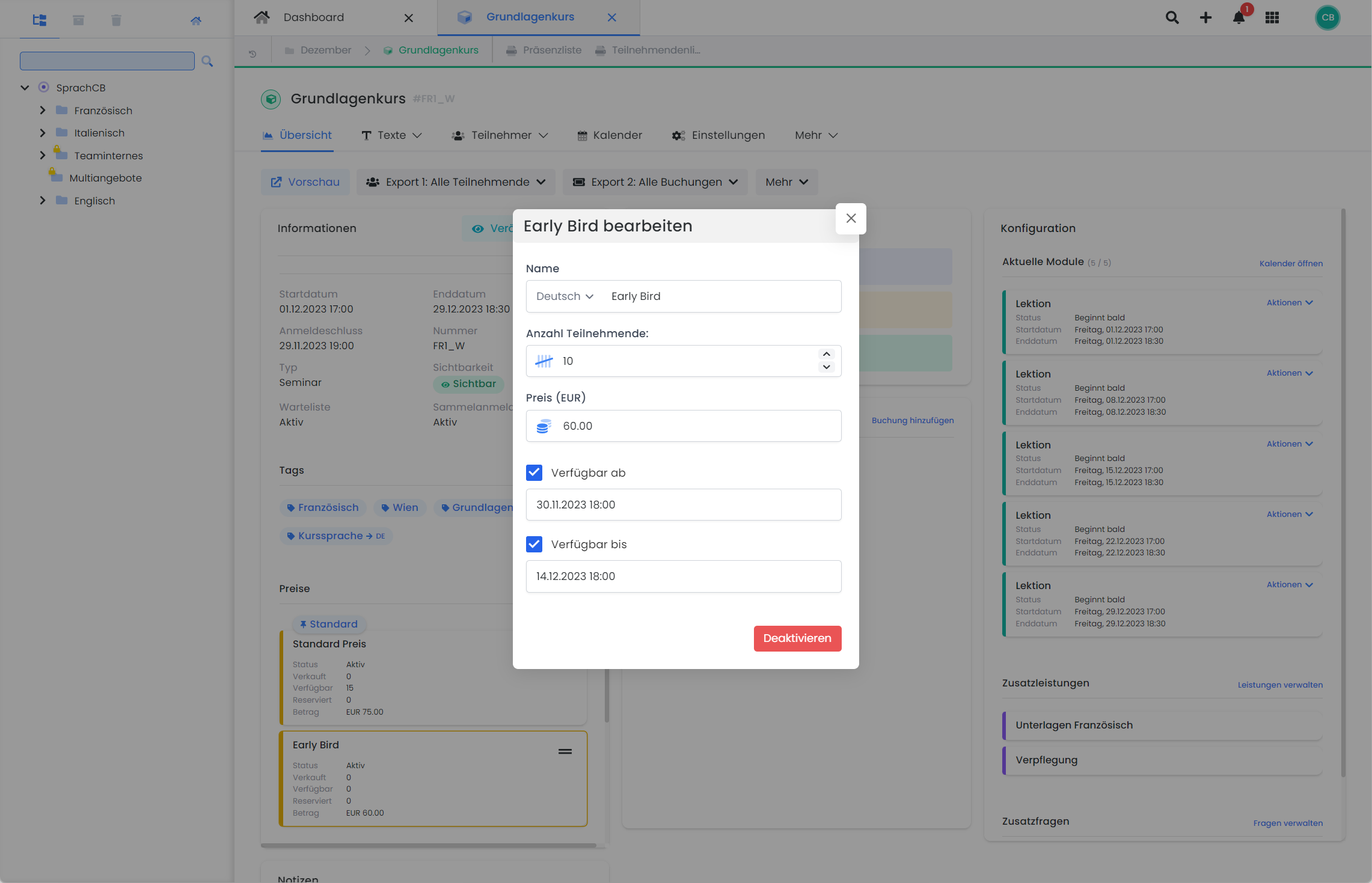 Sur cette capture d'écran, on peut voir l'interface utilisateur d'edoobox, le système de réservation en ligne. La fenêtre d'édition d'une catégorie de prix est mise en évidence.