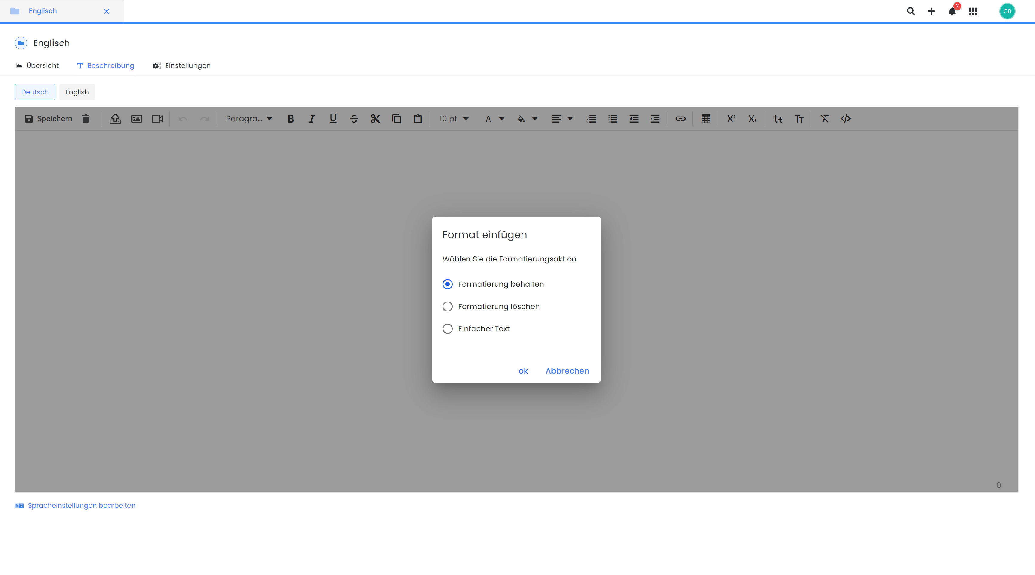 Cette capture d'écran montre l'interface utilisateur d'edoobox, le système de réservation en ligne. On y voit l'éditeur de texte, dans lequel il est possible de déposer un texte de description. Une fenêtre pop-up est ouverte, qui permet des options de formatage du texte.