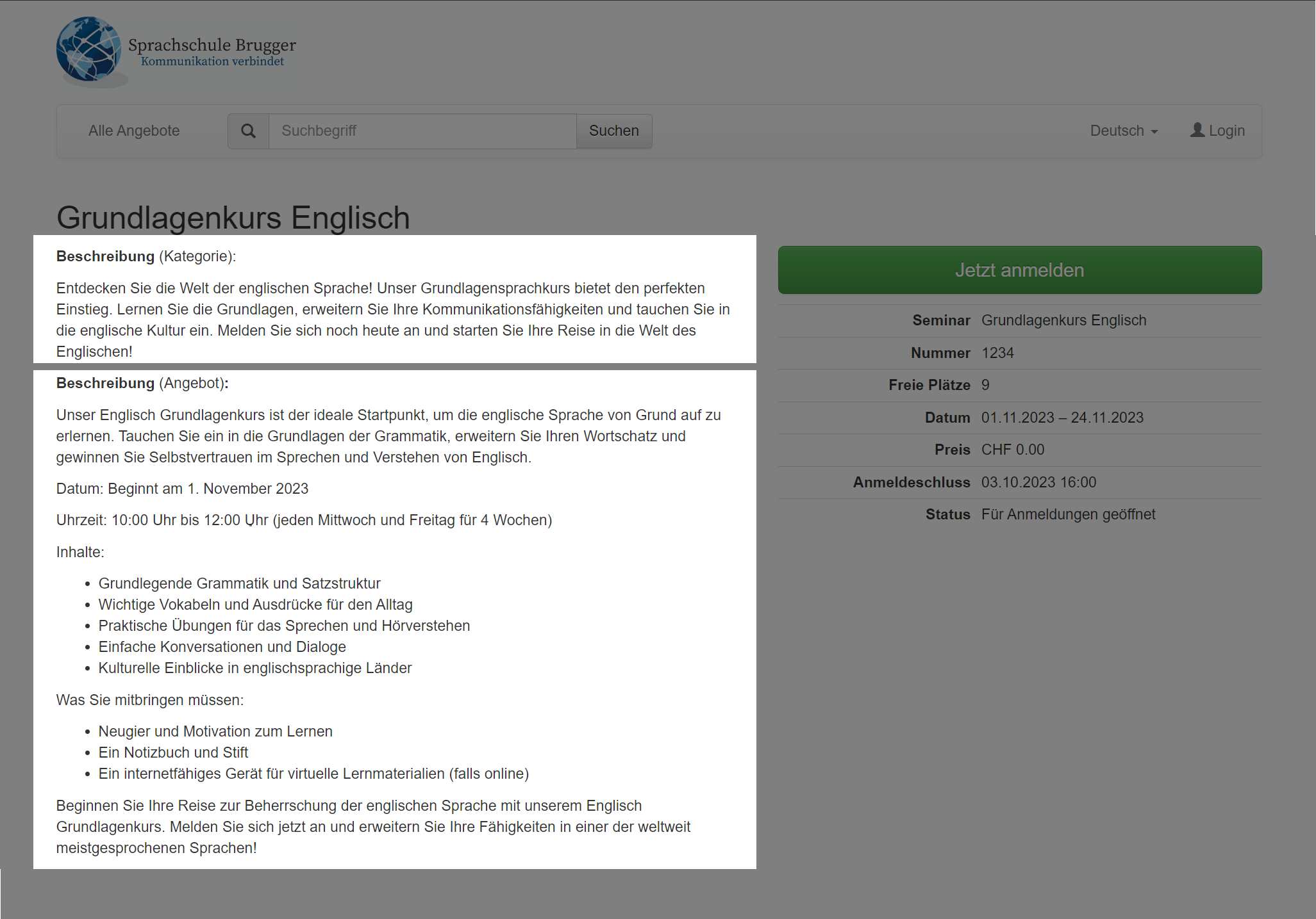 Cette capture d'écran montre les détails de l'offre dans le processus de réservation d'edoobox, le système de réservation en ligne. Elle montre les détails de l'offre dans le frontend, dans lequel la description de l'offre est affichée.