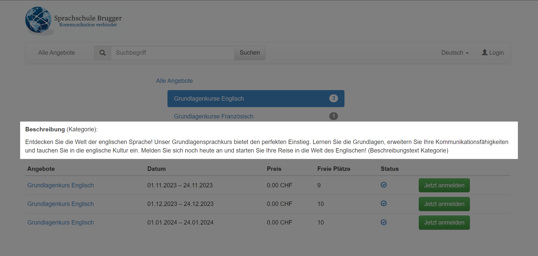 Cette capture d'écran montre l'aperçu des offres dans le processus de réservation d'edoobox, le système de réservation en ligne. Elle montre l'aperçu des offres dans le frontend, dans lequel la description de la catégorie est affichée.