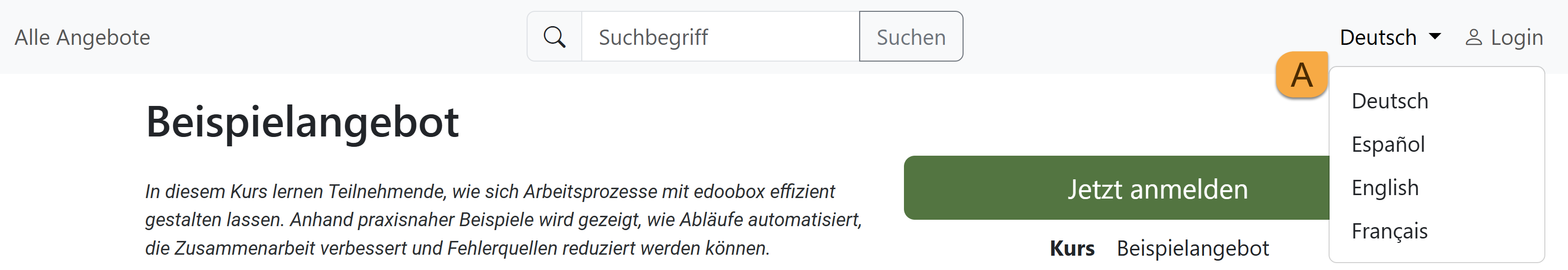Processus de réservation dans le système edoobox avec un menu de langue mis en évidence pour choisir entre Deutsch, Español, English et Français, afin de pouvoir proposer le processus de réservation dans différentes langues.