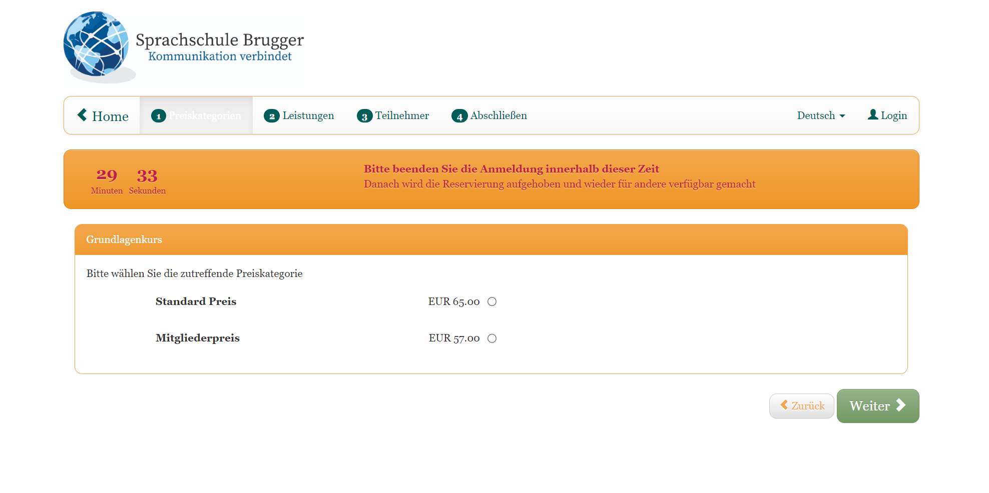 Cette capture d'écran montre le compte à rebours actif dans le processus de réservation d'edoobox, le système de réservation en ligne.