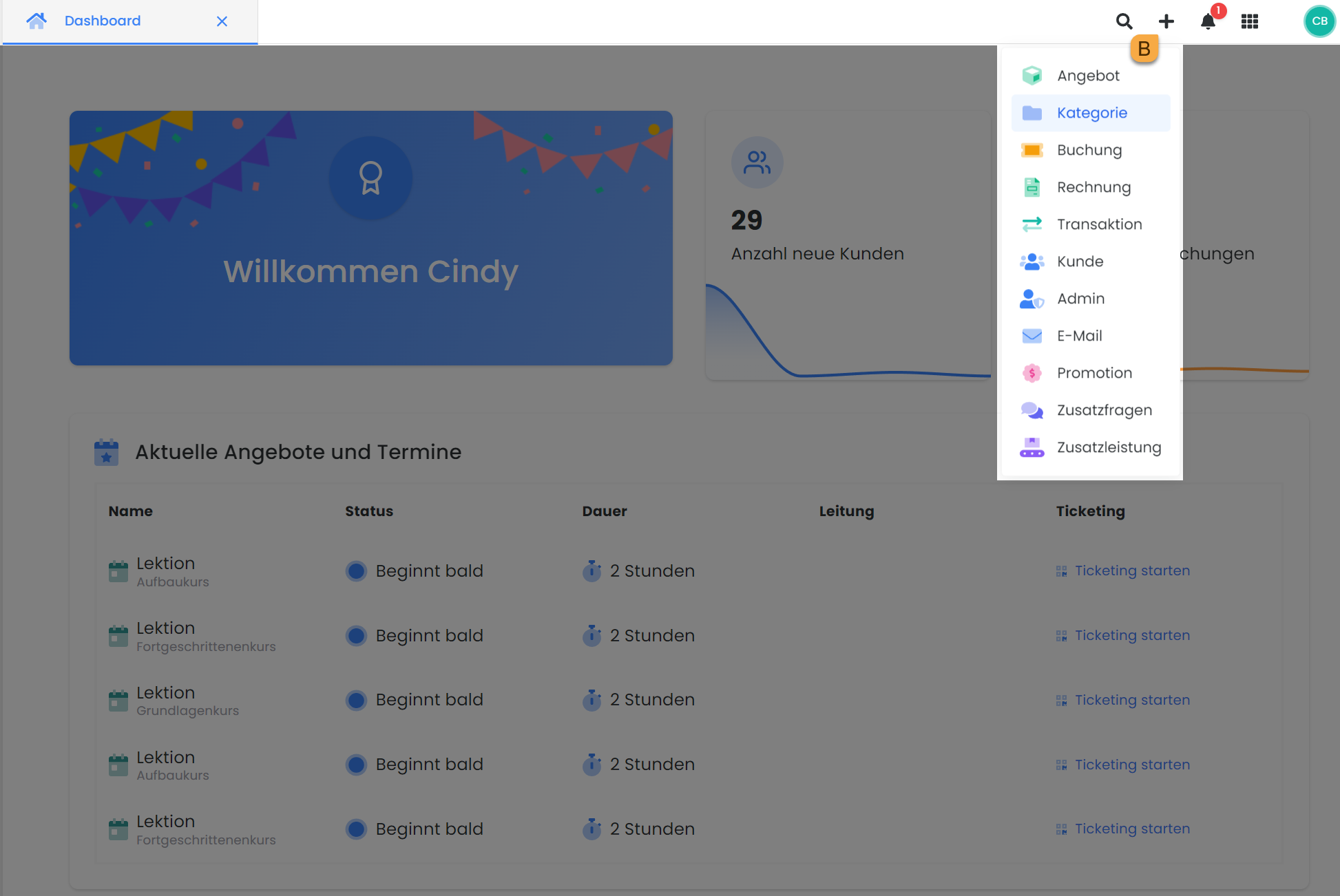 Interface utilisateur d'edoobox, le système de réservation en ligne. Il met en évidence le menu rapide dans la navigation principale, qui a été ouvert en cliquant sur le symbole plus. Ce menu rapide permet de créer différents enregistrements comme une nouvelle offre ou une nouvelle catégorie.