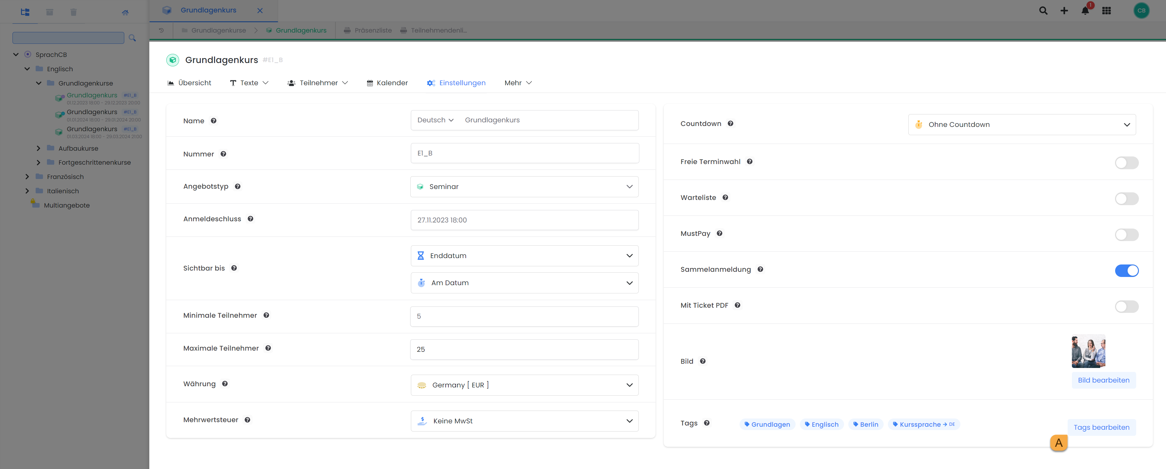 Interface utilisateur d'edoobox, le système de réservation en ligne. Vue se trouve dans les paramètres de l'offre et montre où un jour peut être ajouté à une offre.