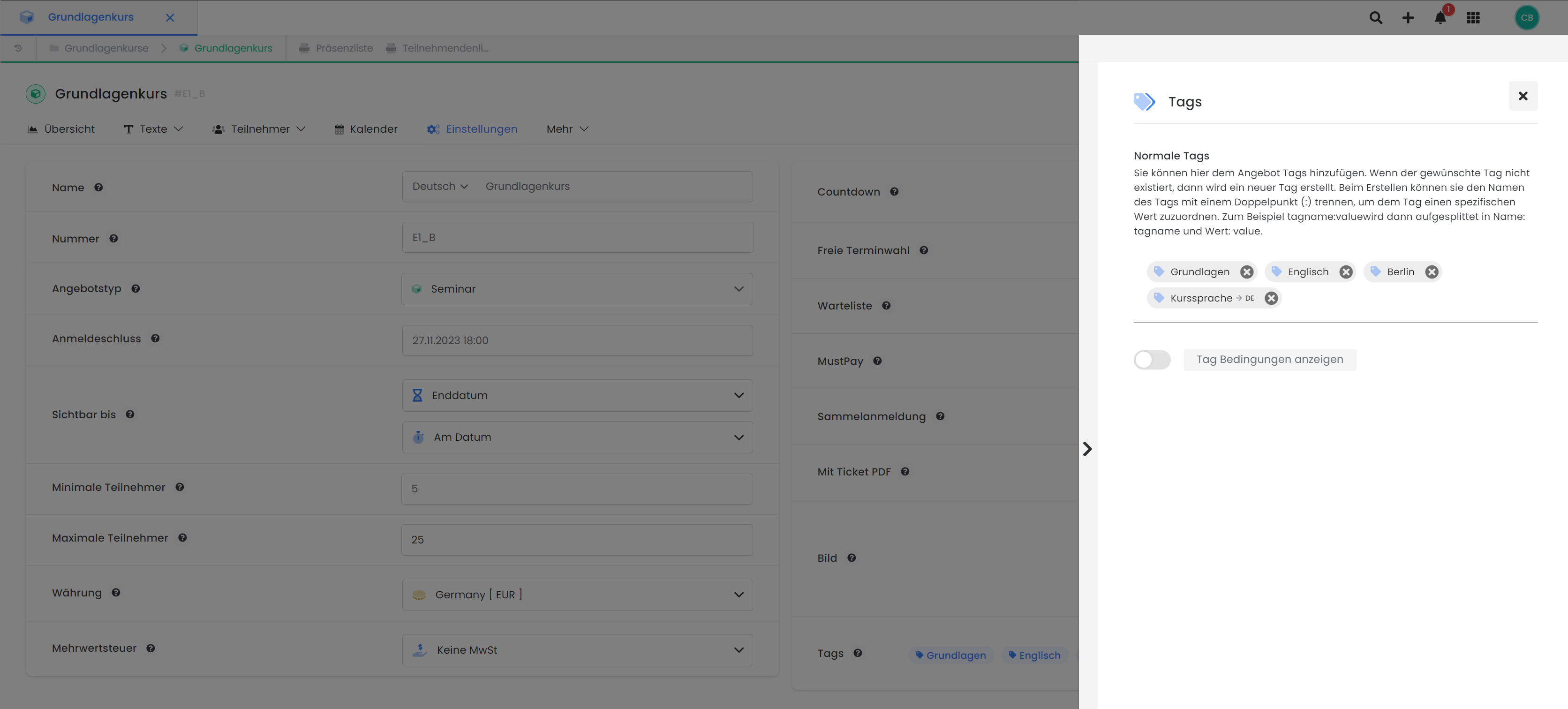 Interface utilisateur d'edoobox, le système de réservation en ligne. Vue se trouve dans les paramètres de l'offre et affiche la sidebar dans laquelle des tags peuvent être ajoutés à une offre.