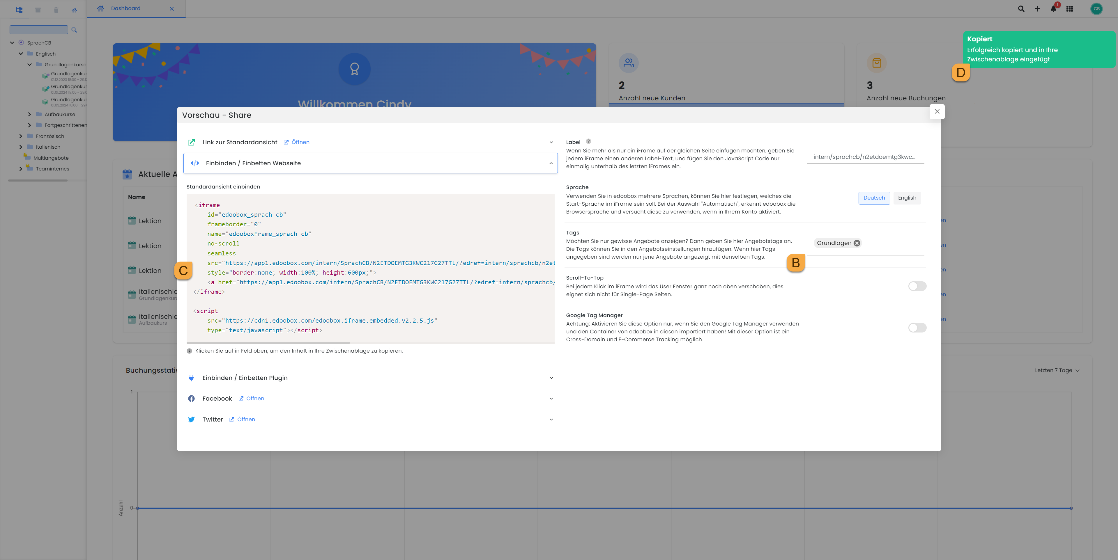 Cette image montre l'interface utilisateur d'edoobox, le système de réservation en ligne, et la zone de partage de l'aperçu, dans laquelle les codes d'intégration peuvent être configurés et créés.