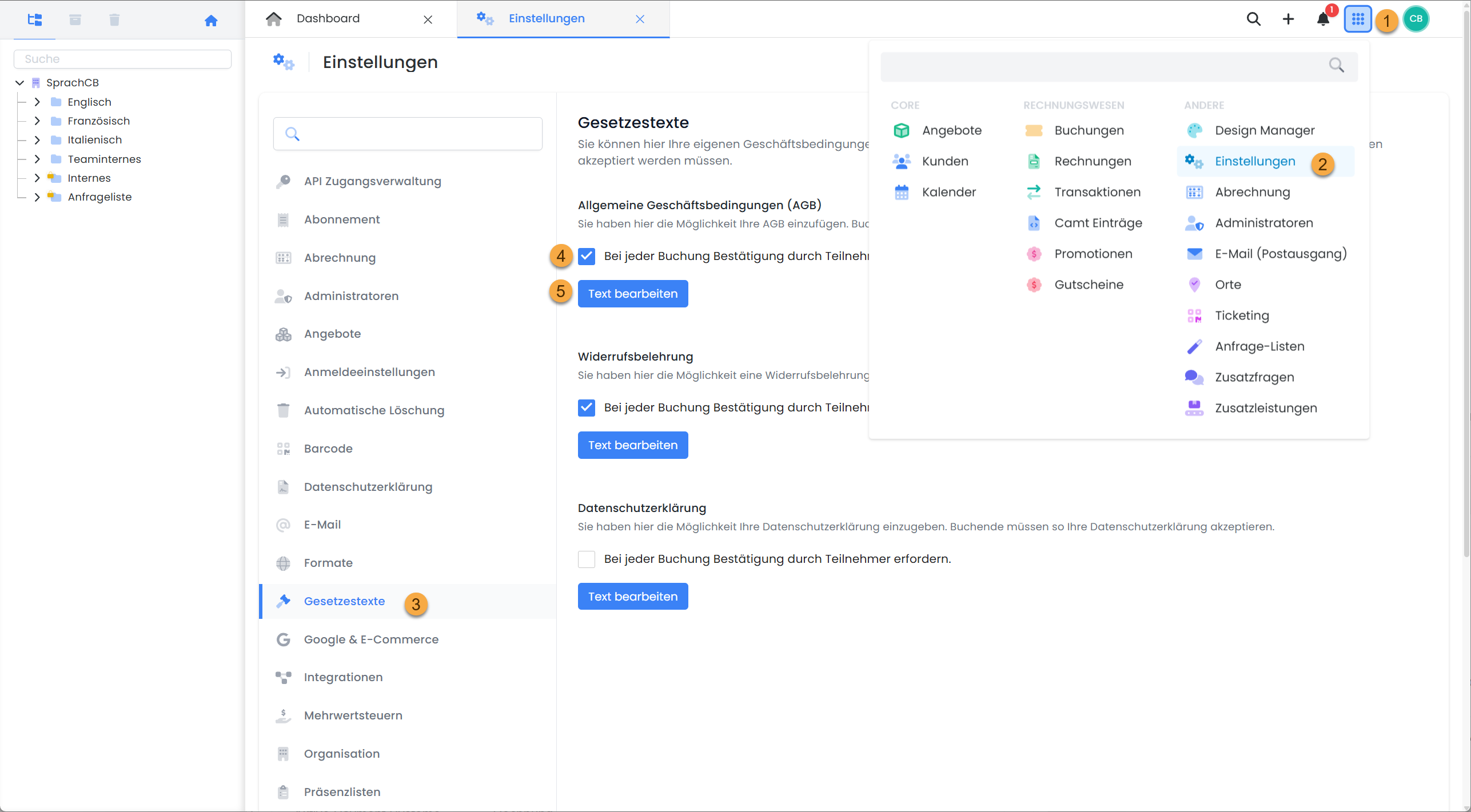Capture d'écran d'edoobox, le système de réservation en ligne. Les paramètres globaux des CGV, de l'information sur le droit de rétractation et de la déclaration de protection des données sont affichés.