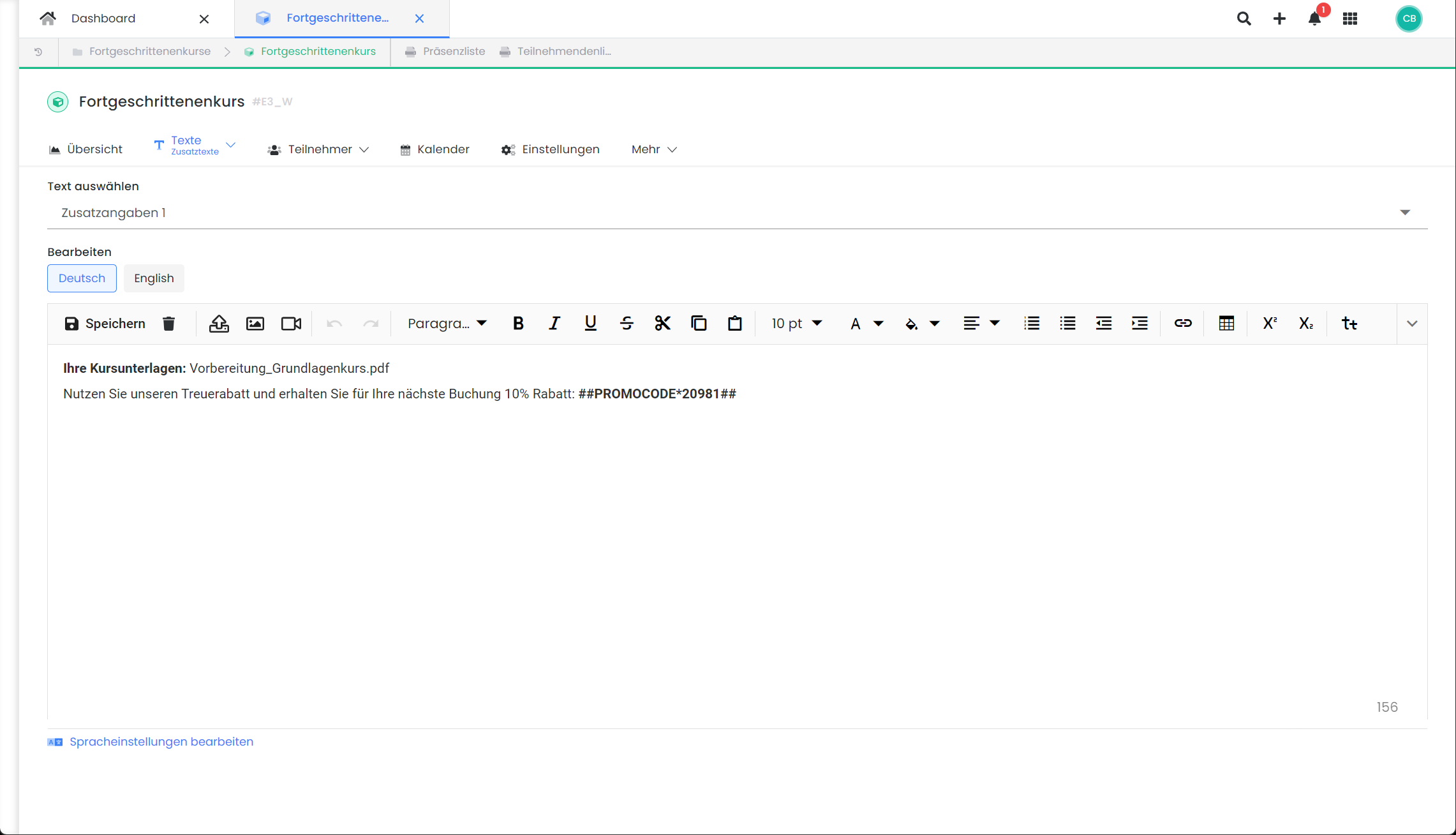 Cette image montre l'éditeur de texte pour un texte d'état pour un cours de base dans edoobox, le système de réservation en ligne.