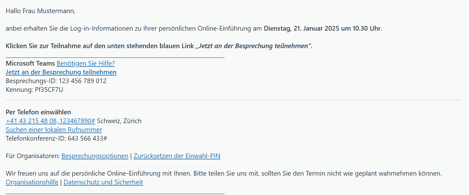 Bestätigungsmail von edoobox mit Zugangsinformationen zu einer Microsoft Teams-Besprechung, inklusive Besprechungslink, ID, Kennung und Telefon-Einwahldaten.