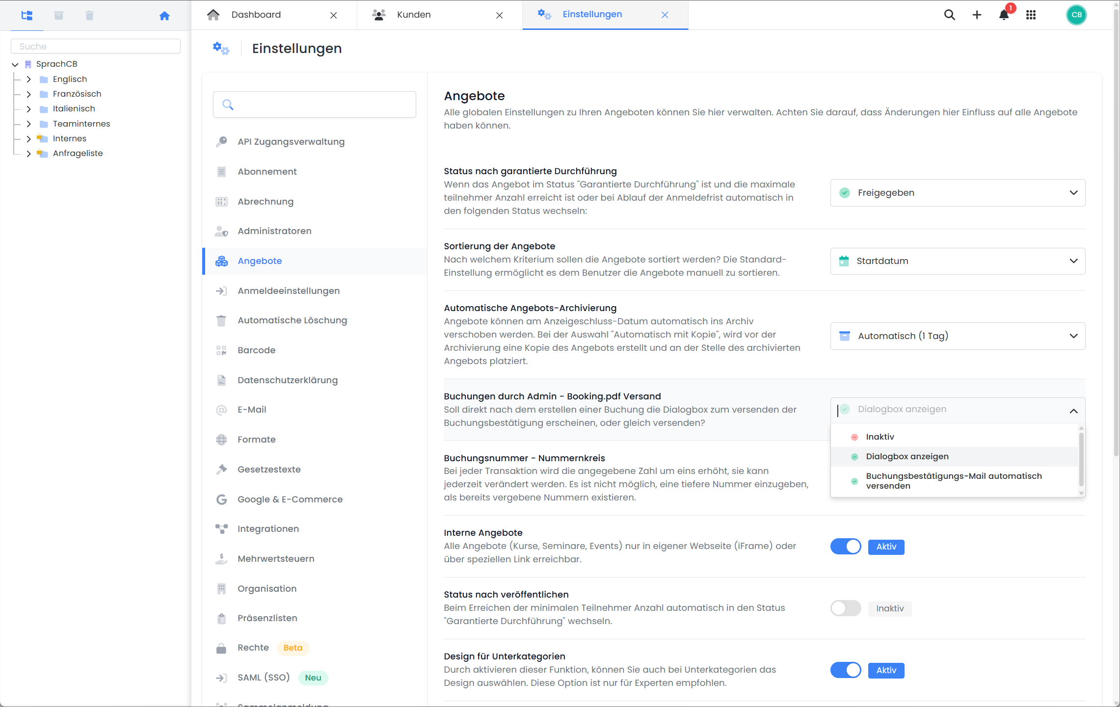 Capture d'écran d'edoobox le système de réservation en ligne. L'image montre un extrait des paramètres globaux pour les offres